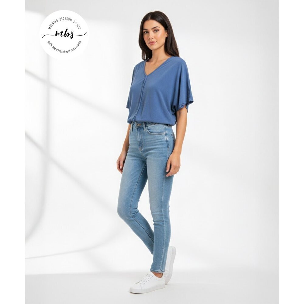Korye V Neck Dolman Sleeve Smocked Waist Short Sleeve Blouse‎ Blue Women M